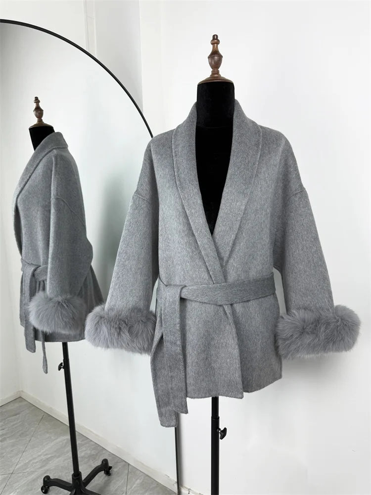 Tossy Fuchspelz-Wollmantel für Damen, kurzer Mantel, Bürodame, eleganter doppelseitiger Wollmantel, 2025, neue Strickjacke, Jacken, lockere Wolle