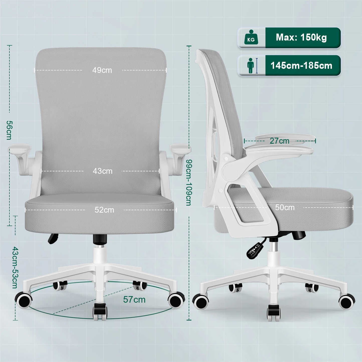 AUTHMIC Ergonomischer Netz-Bürostuhl mit Lordosenstütze, hochklappbaren Armlehnen, verstellbarer und höhenverstellbar für den Schreibtisch zu Hause – Grau