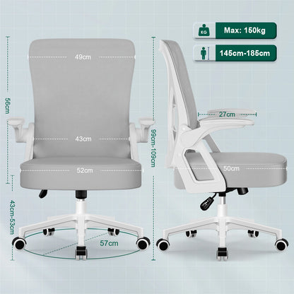 AUTHMIC Ergonomischer Netz-Bürostuhl mit Lordosenstütze, hochklappbaren Armlehnen, verstellbarer und höhenverstellbar für den Schreibtisch zu Hause – Grau