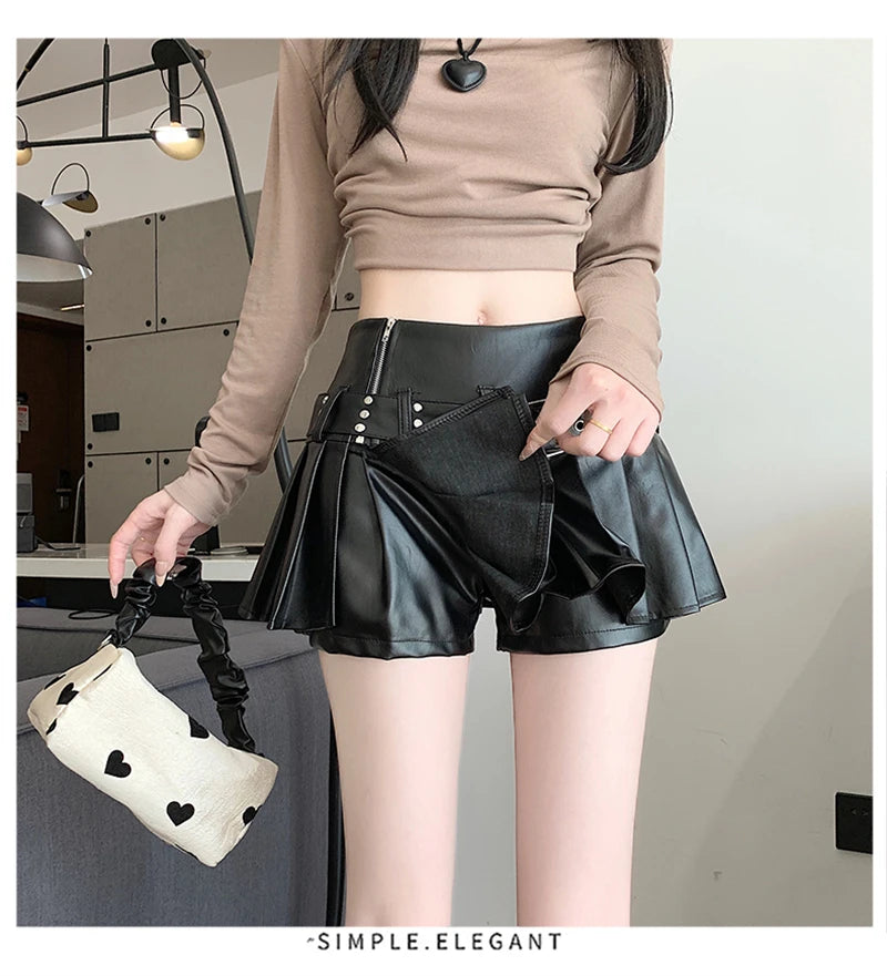 Women's Black Gothic A-line Pleated Leather Skirt Y2k Mini Shorts Skirts Harajuku Korean Emo Skirt 2000s Vintage Clothes Summer.