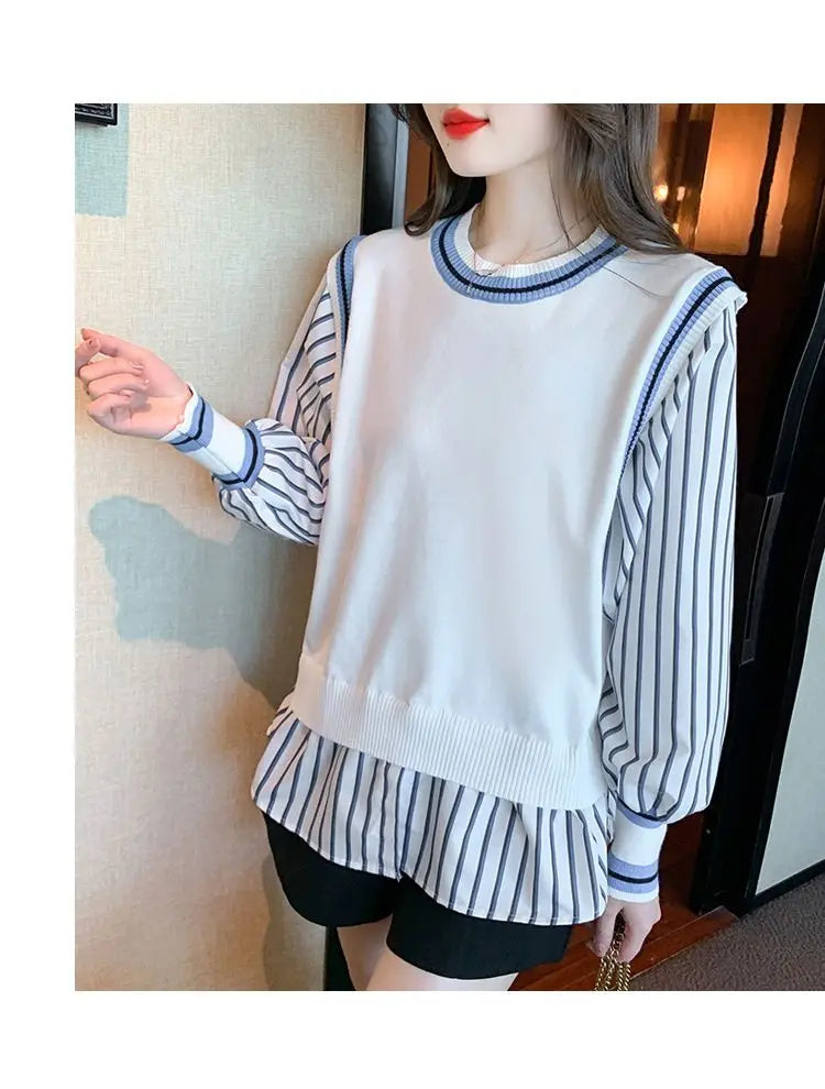 Autumn Preppy Style Patchwork O-neck Fake Two Pieces Top Tee Female Casual Striped Long Sleeve Sweatshirts Women Clothes Tshirt