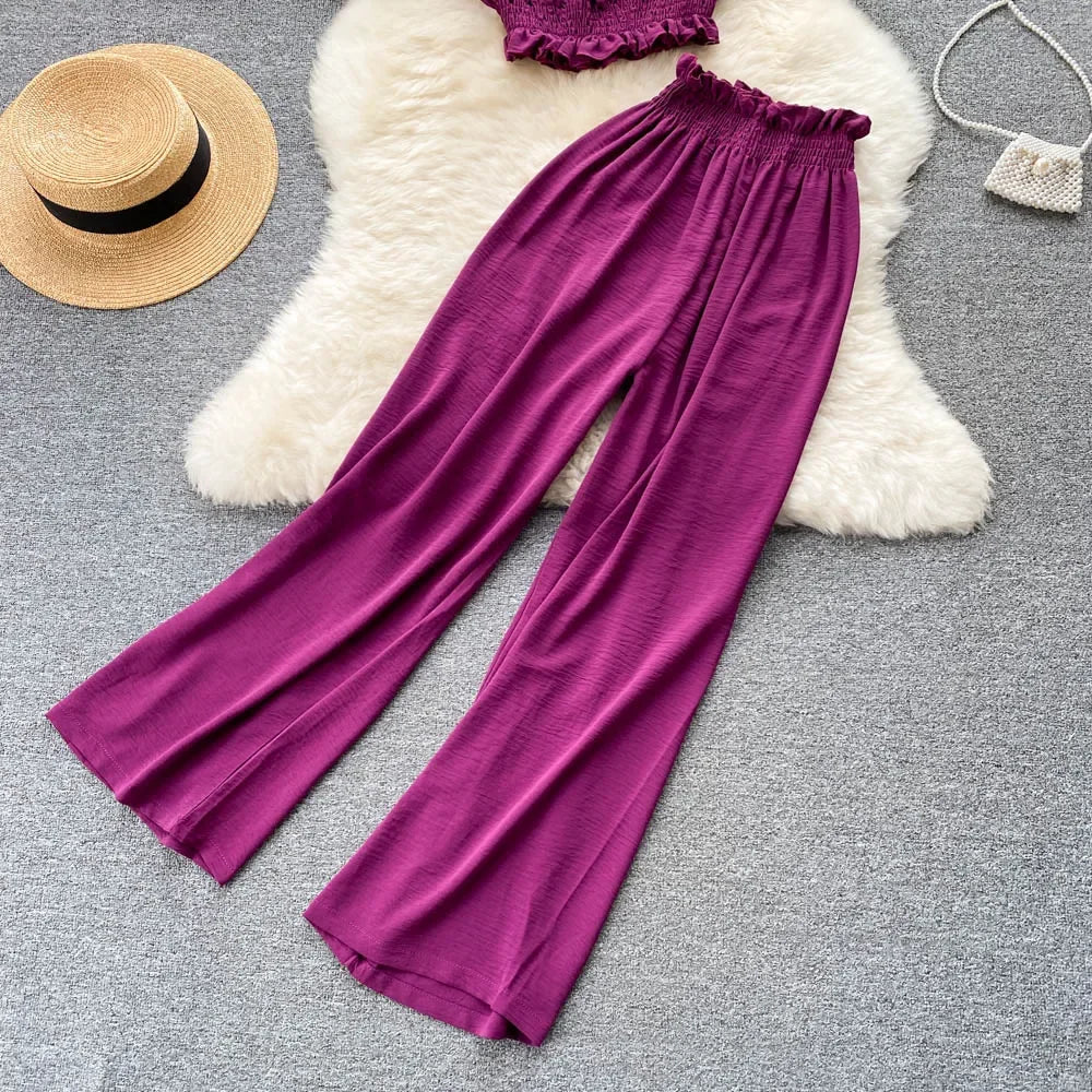 2024 Summer Green/Black/Red Two Piece Set Women Sexy Slash Neck Short Tops + High Waist Wide Leg Pants Female Suit New