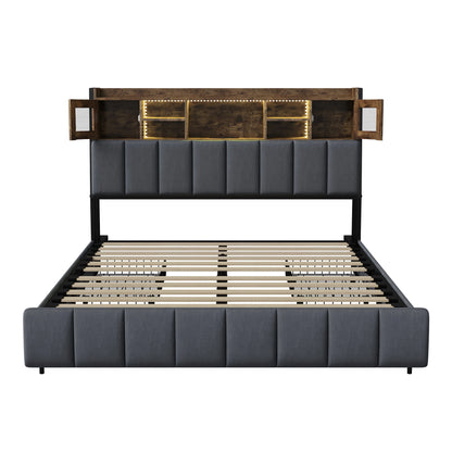 Rosahqnda Doppelbettgestell 140–160 x 200 cm mit LED, USB und Schubladen, gepolstertes Jugendbett, Wohnungsbett, Gästezimmer, Leinen, Grau