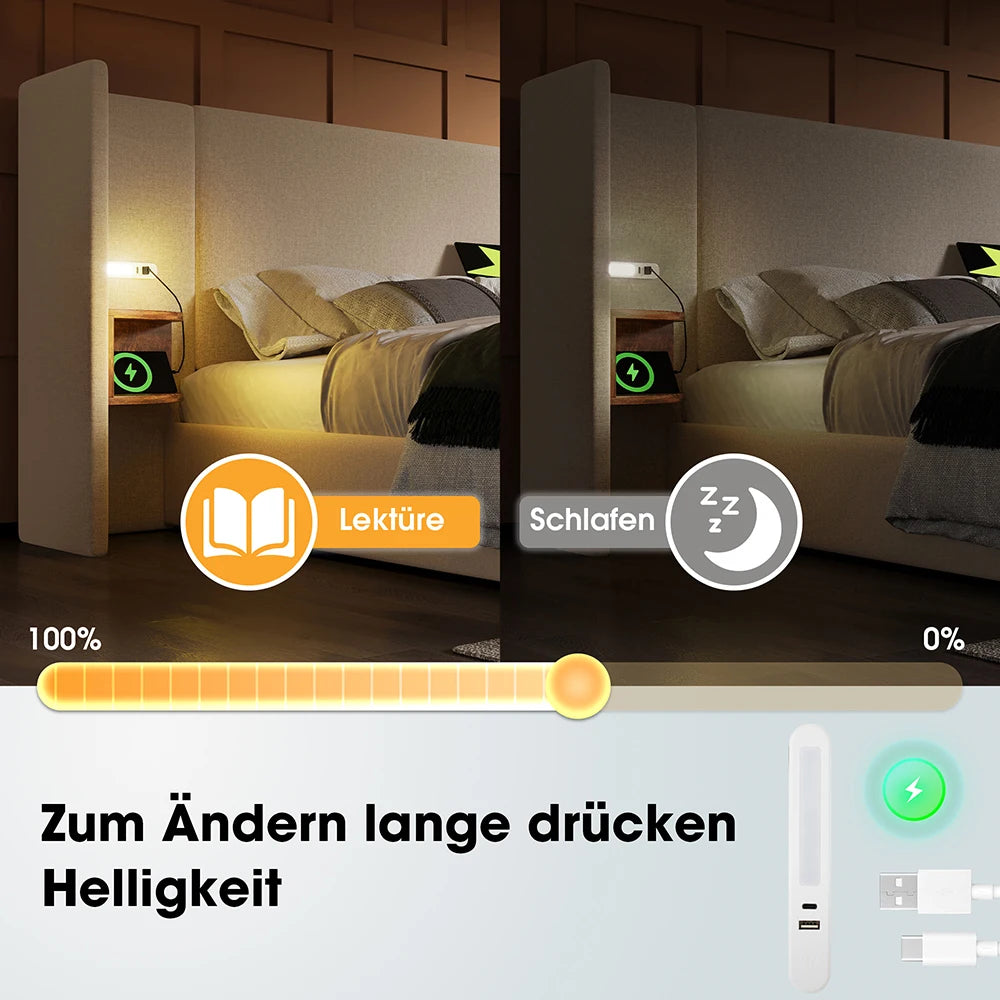 KOMHTOM Polsterbett mit Nachttisch, Leselampe und USB Type-C Ladefunktion, Leinen (Ohne Matratze)