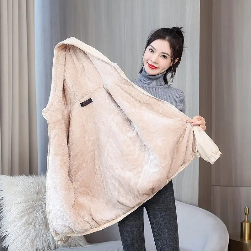 Women's Fleece Coat Winter Warm Thicken Solid Windbreaker Hooded Cotton Plush Hooded Jackets Casual Outdoor Windproof Jacket.