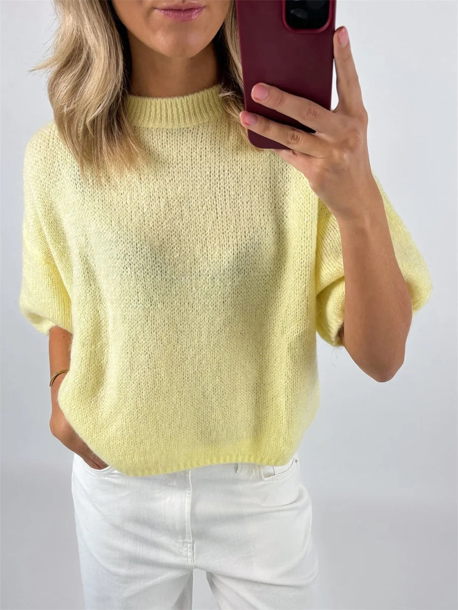 Damen Frühling Herbst Strickpullover Halbarm O Hals Einfarbig Lässige Strickwaren.