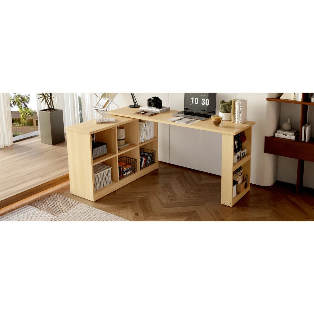 140 x 104 x 75 cm, multifunktionaler Büroschreibtisch, sechsfacher Aufbewahrungsschrank + Regal, super langlebig, austauschbare Form, natürlich
