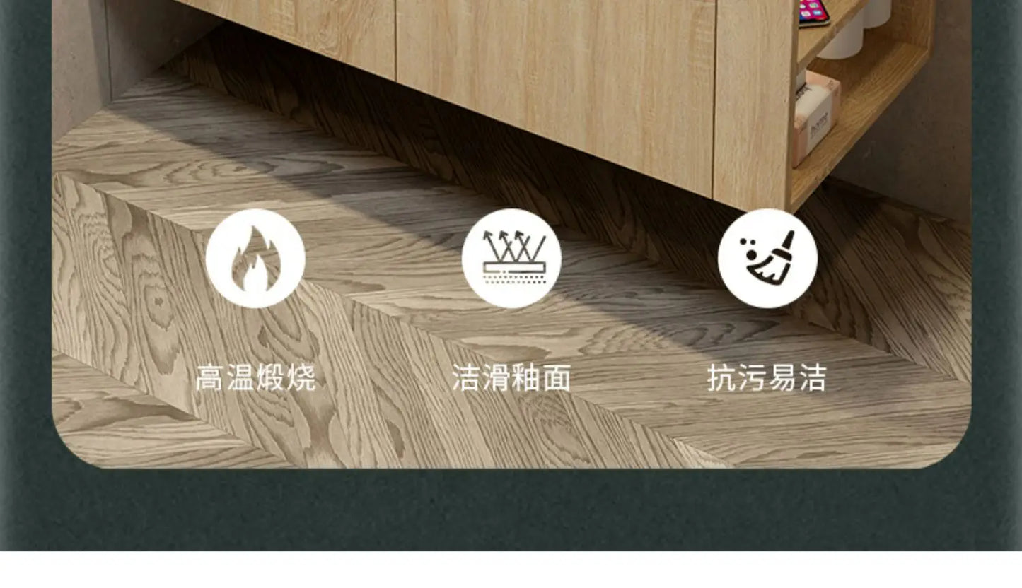 Leichter Luxus-Badezimmerschrank-Kombination, Badezimmer-Waschbecken, Gesichtswaschbecken, Toilettenholz, Waschbecken aus Keramik, integriertes Waschbecken im japanischen Stil