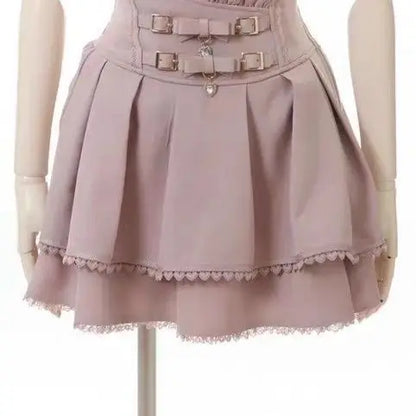 Jirai Kei Sweet Lolita Skort 2024 Summer - Double Bowknot High Waist Short Skirt with Leather Buckle Slim Fit Adjustable Waist.