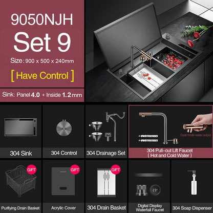 ASRAS Hidden Double Sinks Smart Purifying Kitchen Island Sinks Flip Cover Hidden 4mm Thickness Handmade kitchen Sinks