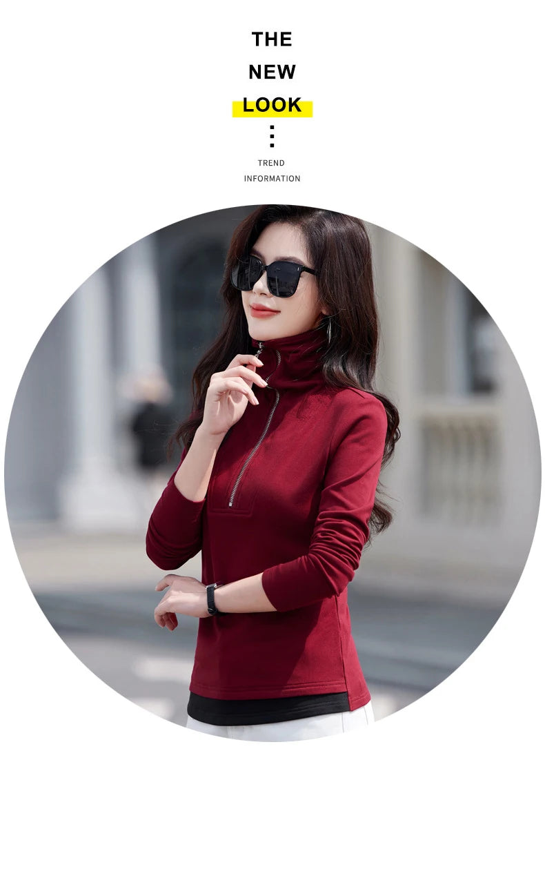 Fake two long sleeved T-shirts for women in autumn and winter, new fashionable plus size color blocked warm zipper lapel top.