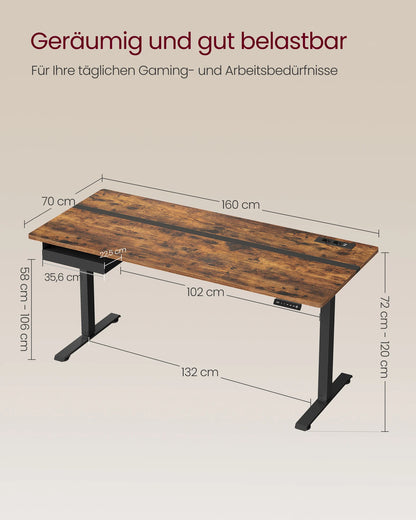 VASAGLE Höhenverstellbarer Schreibtisch elektrisch, 70 x 160 cm , stufenlos verstellbar, Memory-Funktion mit 4 Höhen