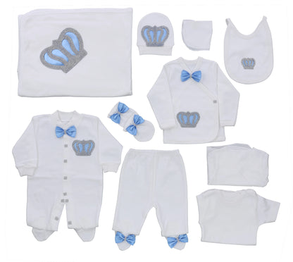 10-teiliges blaues 100 % Baumwollgewebe, gestrickt, Großhandel, individuell gestaltet, Neugeborene, neues Design, Winterkleidung, Kleidung, Luxus-Baby-Strampler-Set