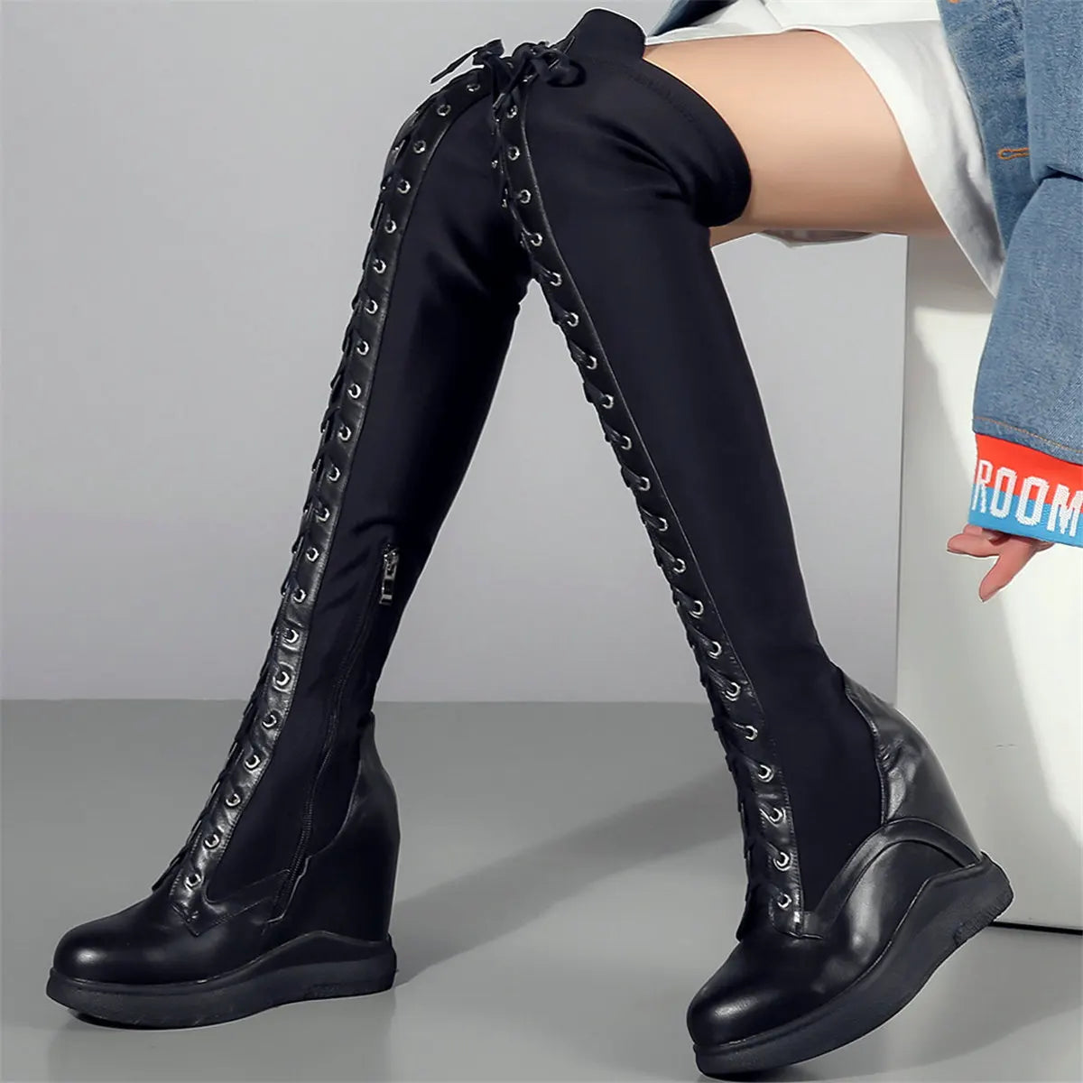 High Heel Pumps Plus Size 45 Shoes Women Big Size 46 Genuine Leather Wedges Over The Knee Boots Stretch Fabric Fashion Sneakers.