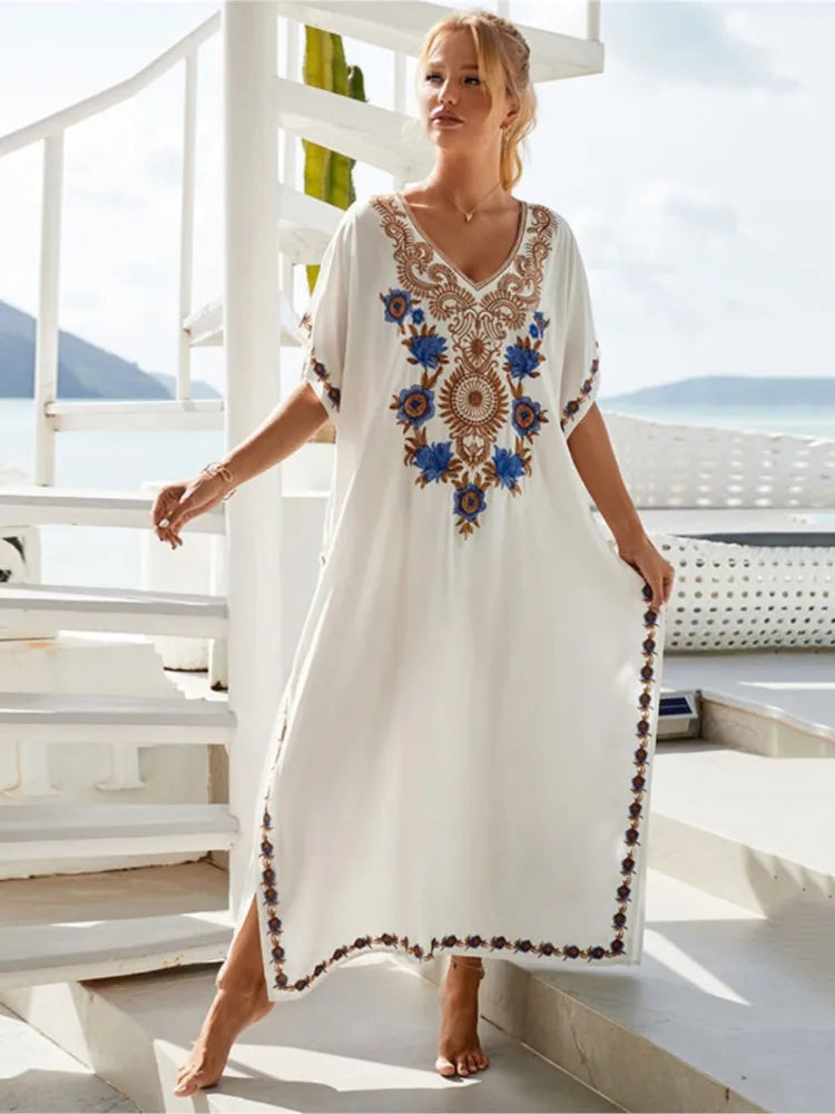 Women Embroidered Kaftan Dress Caftan Loungewear Long Bathing Suit Cover Up Beach Wear Vacation Outfit Loose Summer Women's Robe.