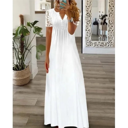 Frühjahr/Sommer Mode frauen Kurzarm Gedruckt Spitze Kleider Elegante frauen Weiß V-ausschnitt Slim Fit Party Lange vestidos.