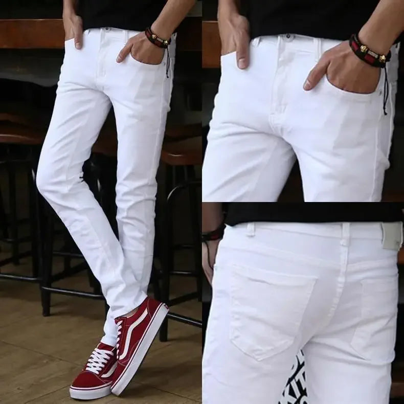 Pure White Jeans Men's Elastic Korean Style Slim Fit Youth Slimming Straight Leg Business Casual Middle Age High End Pants.