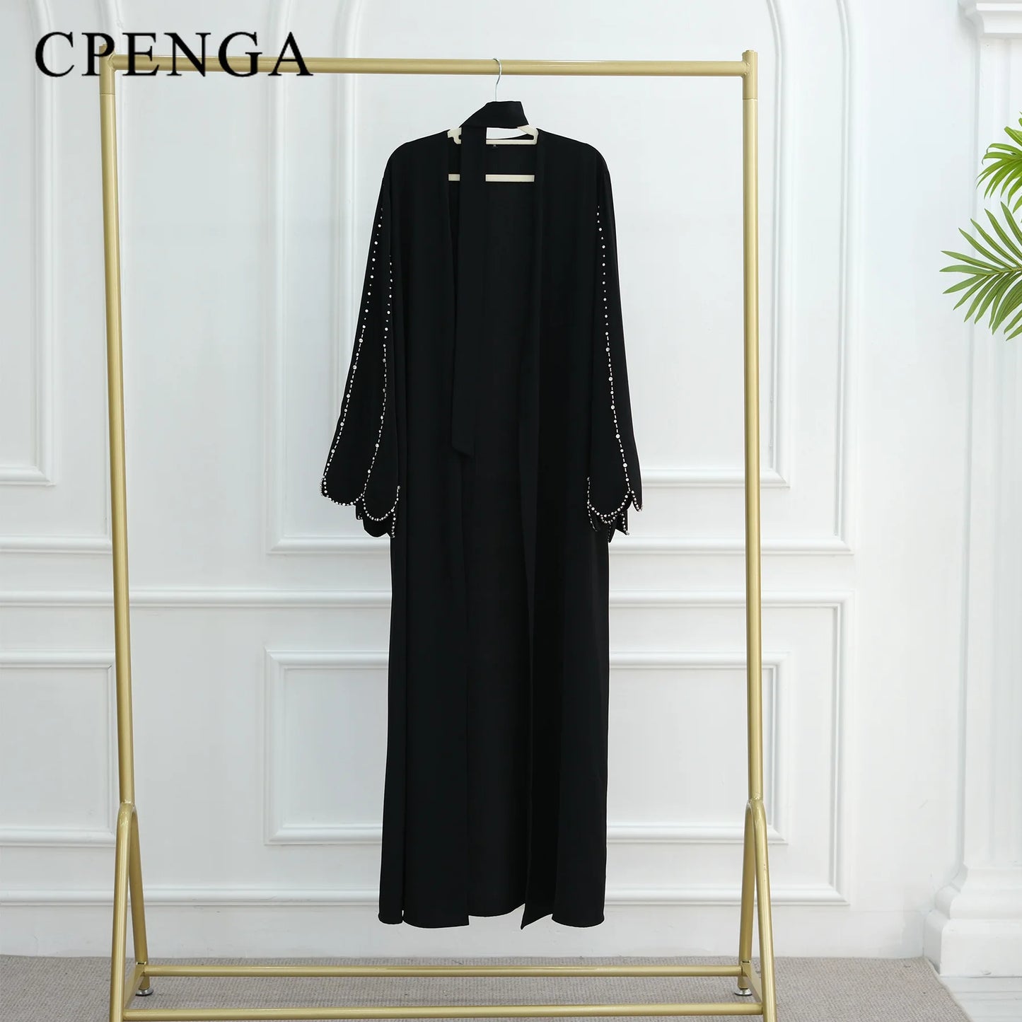 Middle Eastern Modest Dress with Pearl Sleeve for Muslim Women Ramadan Dubai Black Abaya Islam Party Jalabiya Outfit Turkey Robe.