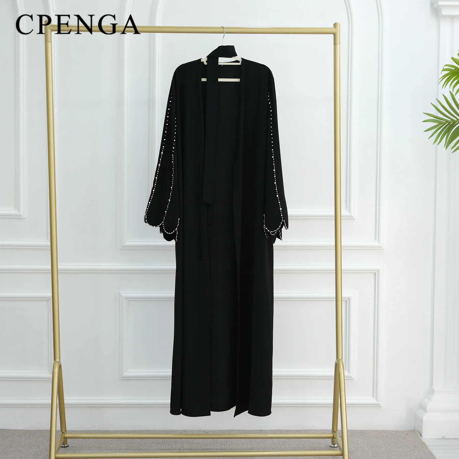 Middle Eastern Modest Dress with Pearl Sleeve for Muslim Women Ramadan Dubai Black Abaya Islam Party Jalabiya Outfit Turkey Robe.