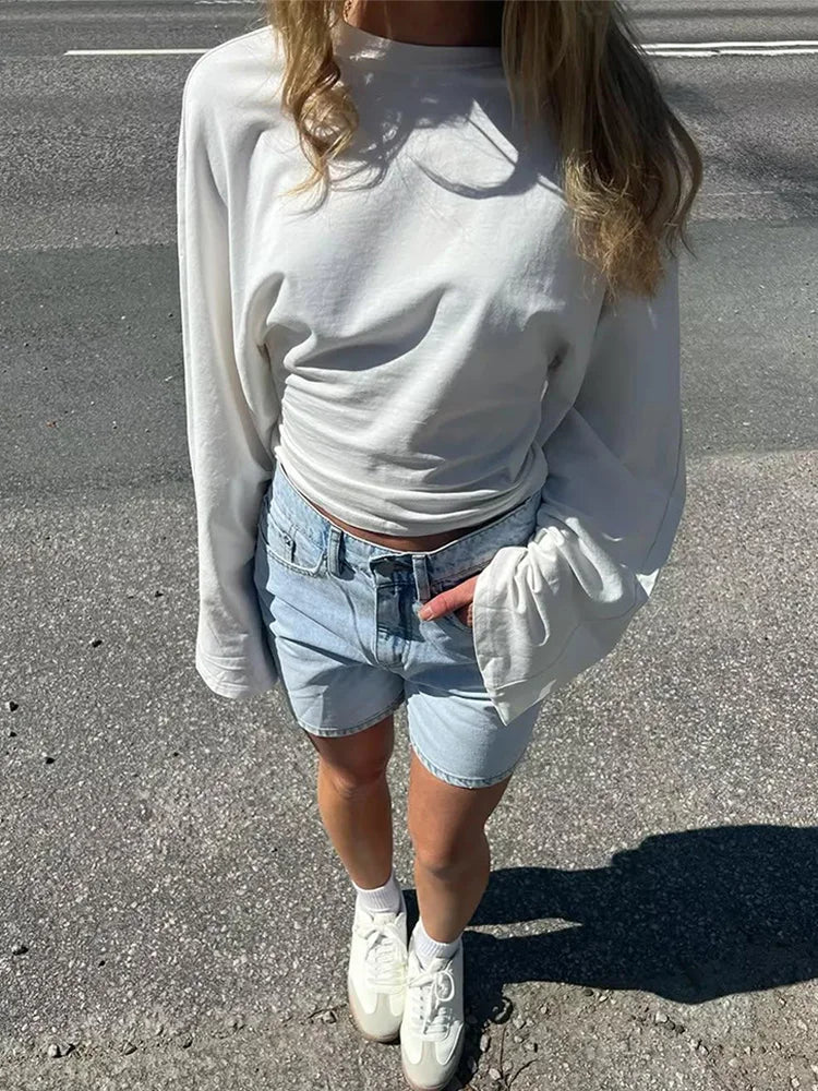 Trendix Basic Long Sleeve Crop Tops Women Summer O Neck Loose Casual Solid Pullover Top Ladies Street Party Club Fashion T Shirt.