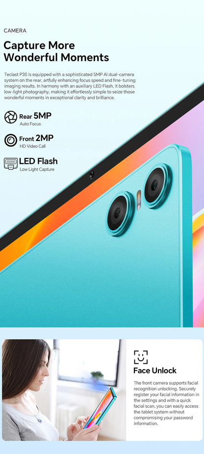Teclast P30 Android 14 Tablet 10.1" IPS, Max 12GB RAM (4GB+8GB Expansion), 128GB ROM, UNISOC T606, Dual Cameras, Face Unlock.
