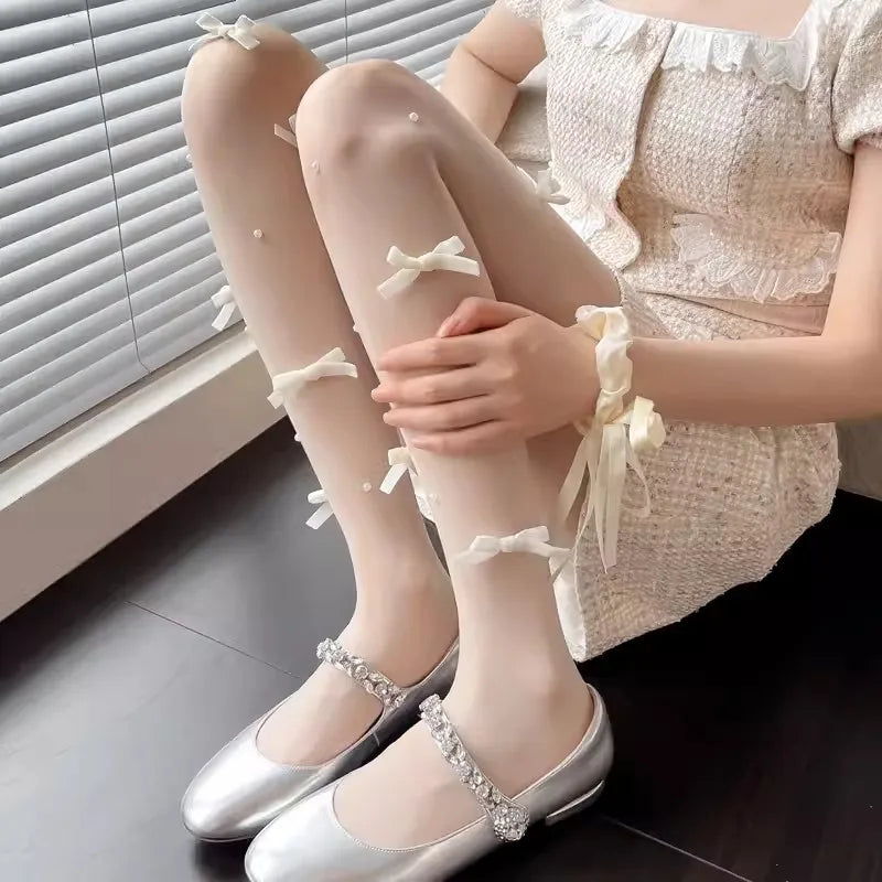 Lolita Pink Velvet Bow Embroidery Pearl Tights Pantyhose Fashion Women Tights JK Lolita Styles Sweet Girls Kawaii Cute Stocking.