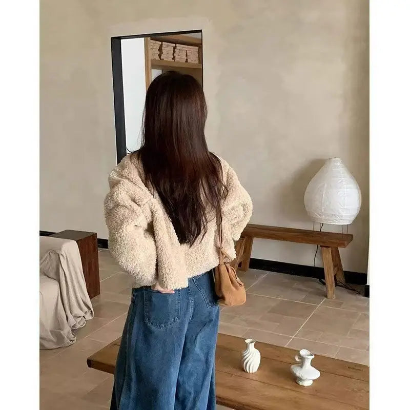 Frauen Herbst Winter Doppel Fleece Warme Verdicken Jacke drehen-unten Einreiher Kurze Oberbekleidung Lose Mode Lässig Mantel.