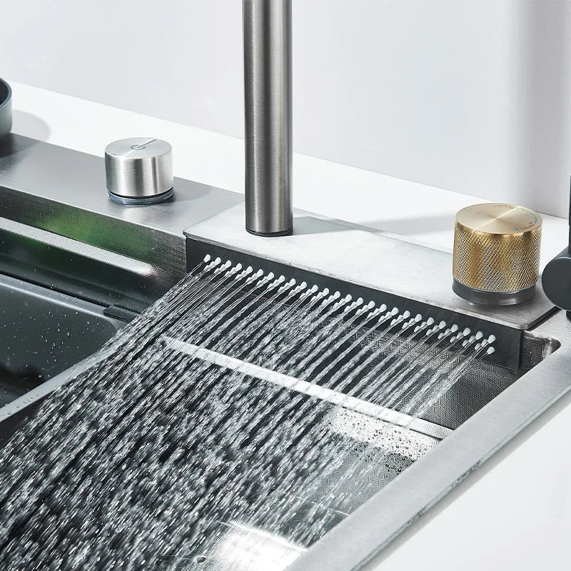 304 Stainless Steel Waterfall Kitchen Sink Large Single Slot with Chopping Board Cup Washer