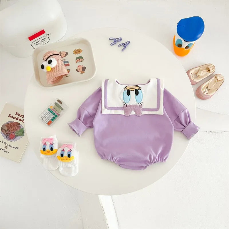 Neugeborenen Baby Strampler Socke Hut 3 stücke Set Cartoon Donald Daisy Ente Kleidung Jungen Mädchen Overall Infant Kurzarm Body k732.
