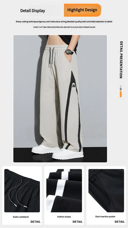 2025 Summer Ice Silk Casual Pants Boys Casual Peplum Pants Handsome Straight Colorblocking Sports Pants.