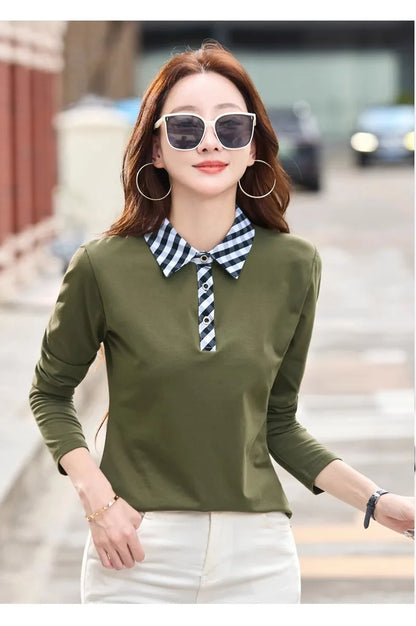 European station lapel long sleeved t-shirt women's new high-end fashion light luxury casual plus size spring and autumn top.