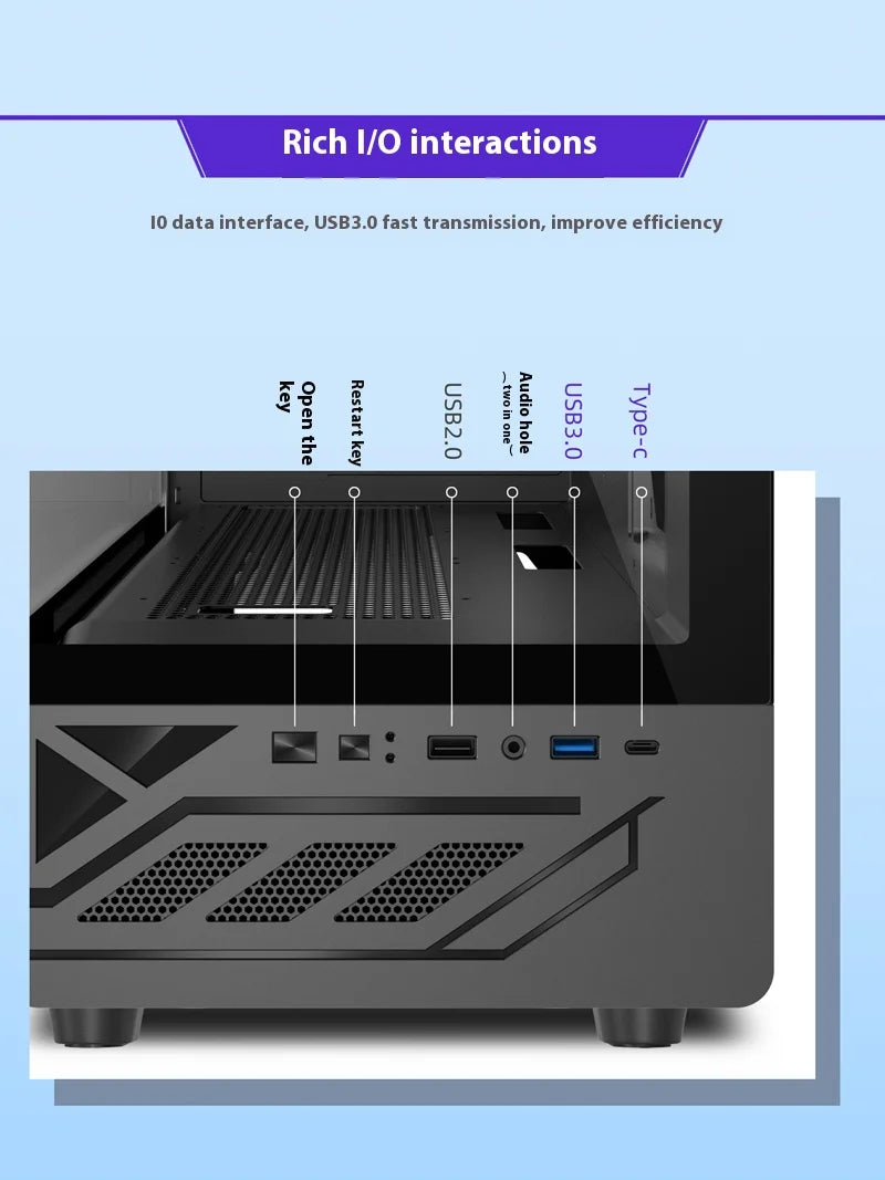 Power Train N5 MATX desktop room with a column-free sea view features a glass side computer case supports 360 water cooling.