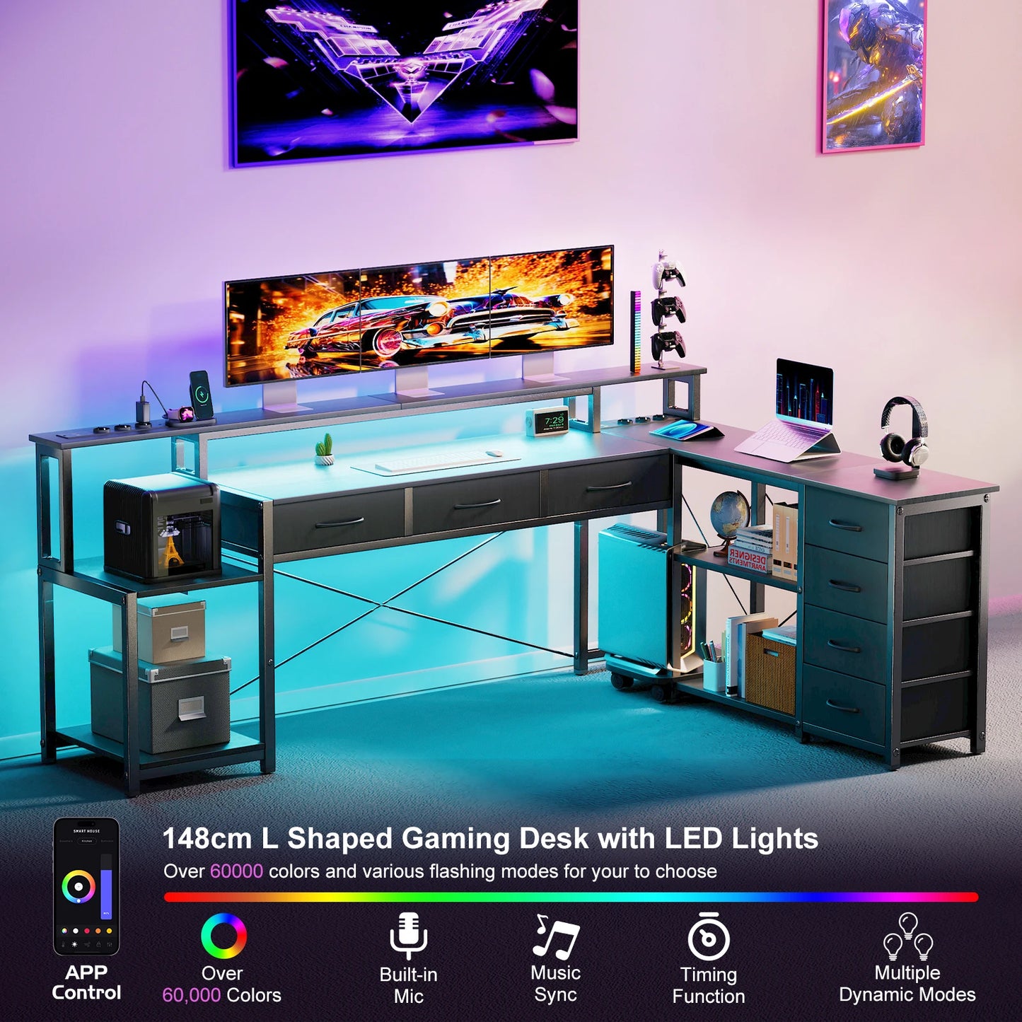 Schwarzer L-förmiger Schreibtisch mit LED Beleuchtung USB Steckdosen und Schubladen Gaming Computertisch 200cm