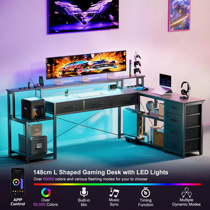 Schwarzer L-förmiger Schreibtisch mit LED Beleuchtung USB Steckdosen und Schubladen Gaming Computertisch 200cm