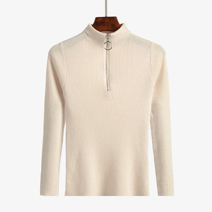 Frauen Fashion Solid Strick Pullover Vintage Langarm Zip-up Grundlegende Hälfte Rollkragenpullover Weibliche Pullover Chic Casual Tops.