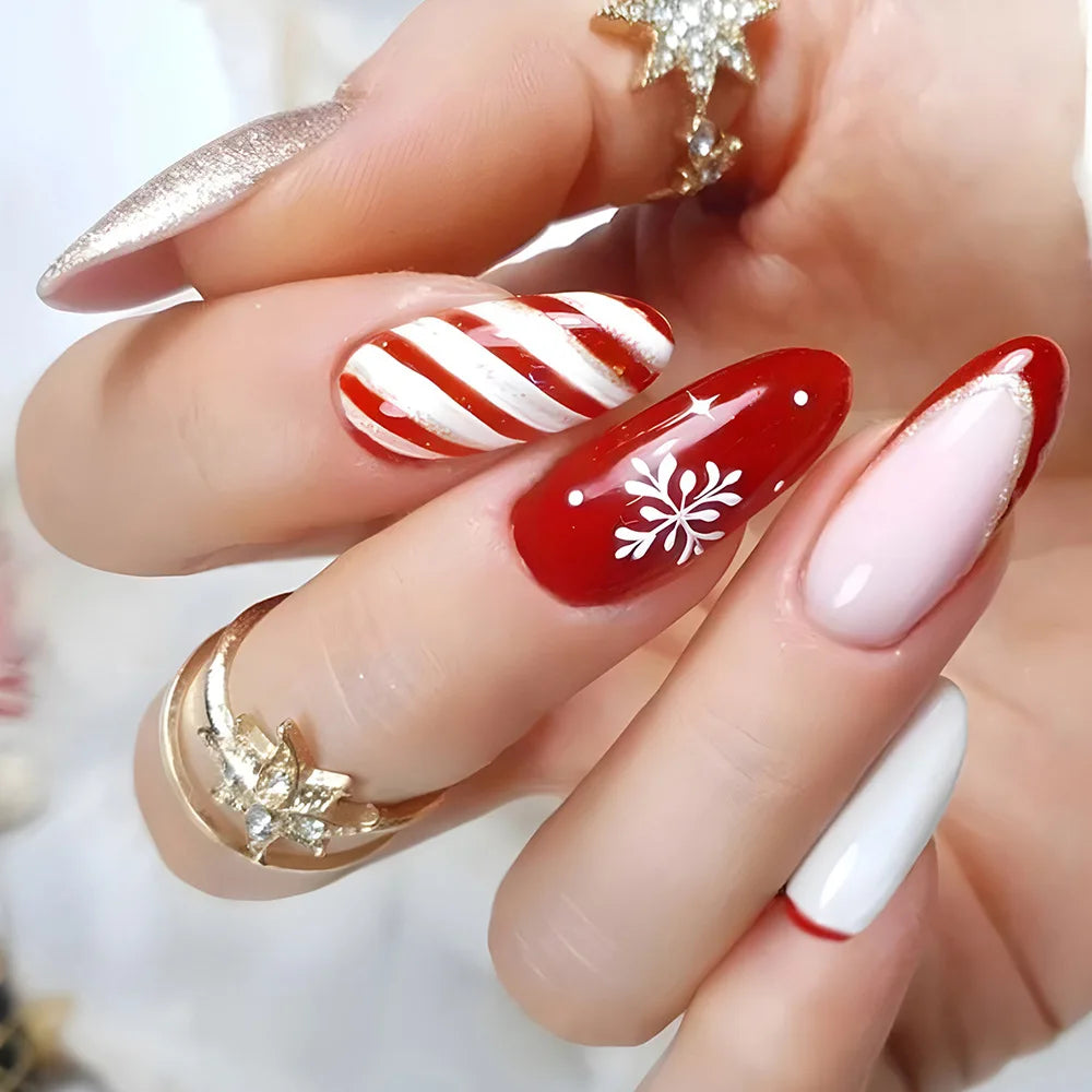 24Pcs Christmas Press on Nails White Snowflake  Fake Nails French Almond Glitter Artificial Nails Full Cover Nail New Year Gifts.