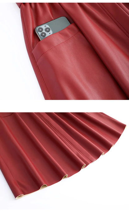 S-5XL New Women Plus Size Leather Skirt Spring Autumn Fashion Stretch Waist A-Line Loose Long Skirt Split Leather Sheepskin