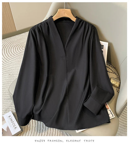 Big Size Women Shirts 2025 Spring Autumn Long Sleeve Office Lady V-Neck Solid Color Blouses Elegant and Youth Woman Tops.