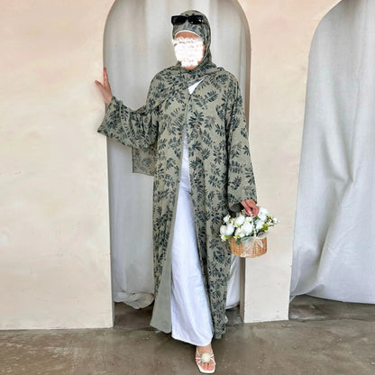 Muslim Abaya Set Luxury EID Islamic Kimono Muslim Women Dress Floral Printed Chiffon Modest Gorgeous Dubai Abaya Dress Suit.