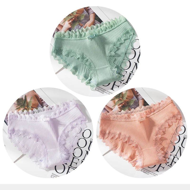Cotton Panties Woman Sexy Lace Briefs Fashion Solid Color knickers Girls Bow Underpants Set Underwear 3 Pcs/lot.
