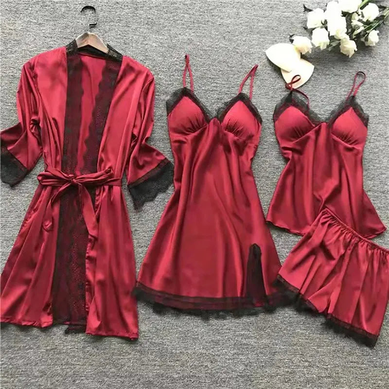 4PCS Nachtwäsche Pyjamas Set Seide Frauen Nachthemd Spitze Kleid Robe Schlaf Nachtwäsche Seide Einfarbig Pijama Sets.