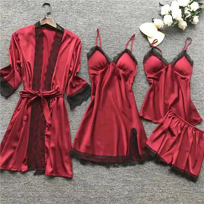 4PCS Nachtwäsche Pyjamas Set Seide Frauen Nachthemd Spitze Kleid Robe Schlaf Nachtwäsche Seide Einfarbig Pijama Sets.