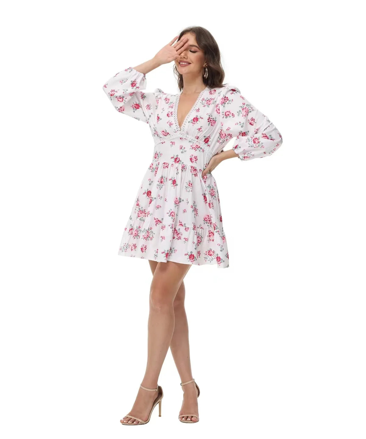 Frühling Herbst frauen Neue Kleid Temperament Süße Druck V-ausschnitt Laterne Hülse Spitze Hohe Taille Kurzes Kleid