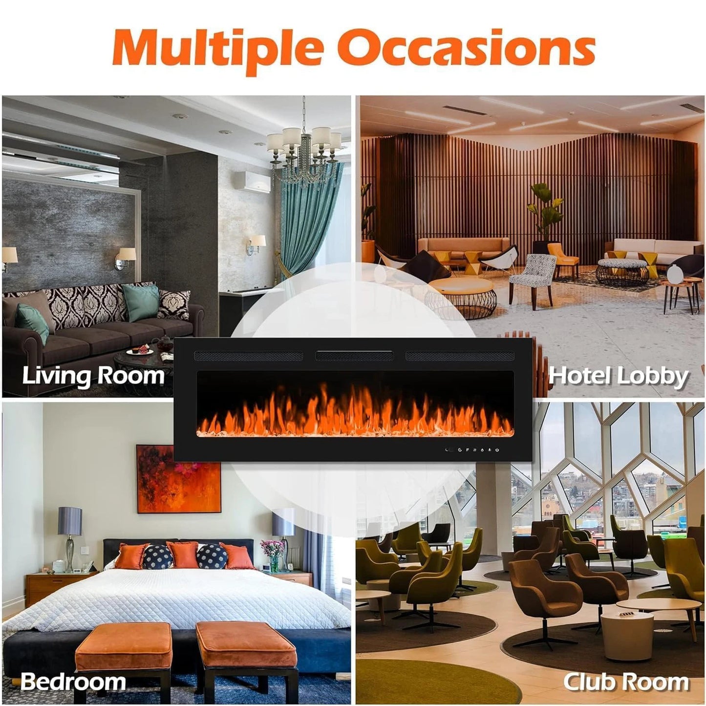 40/50/60inch Wall-Mounted Electric Fireplace, 220V 1500W, Two Levels Of Heating, 3D 12LED Color Modes and Realistic Flame Effect.