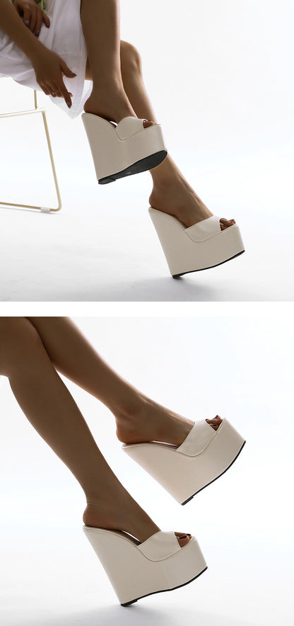 Aneikeh 2025 Fashion Peep Toe Wedges Heel Outside Women Slippers Concise PU Platform Slip On Summer Beach Mules Apricot 35-42.