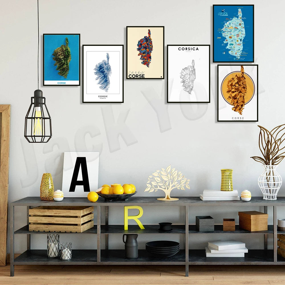 Corsica topographic map print, Corsica cities, France Corsica map print, road map art poster modern wall art decor.