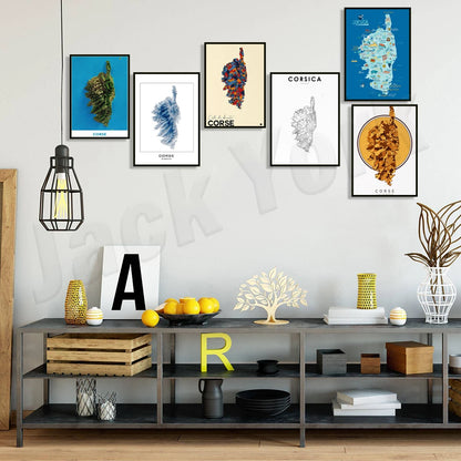 Corsica topographic map print, Corsica cities, France Corsica map print, road map art poster modern wall art decor.