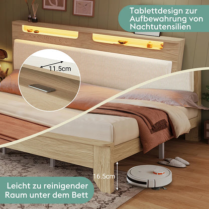 KOMHTOM Holzbett, Kopfteil mit Stauraum, LED-Beleuchtung und beigefarbener Cordpolster-Rückenlehne (Ohne Matratze)