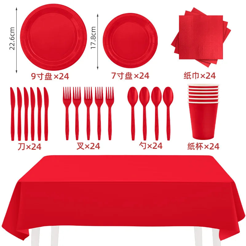 Solides rotes Thema, Einweggeschirr, rote Pappteller, Lebensmitteltablett, Tassen, Servietten, Löffel, Tischdecken, Hochzeit, Geburtstag, Party-Dekoration.