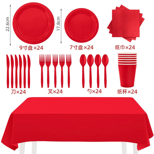 Solides rotes Thema, Einweggeschirr, rote Pappteller, Lebensmitteltablett, Tassen, Servietten, Löffel, Tischdecken, Hochzeit, Geburtstag, Party-Dekoration.